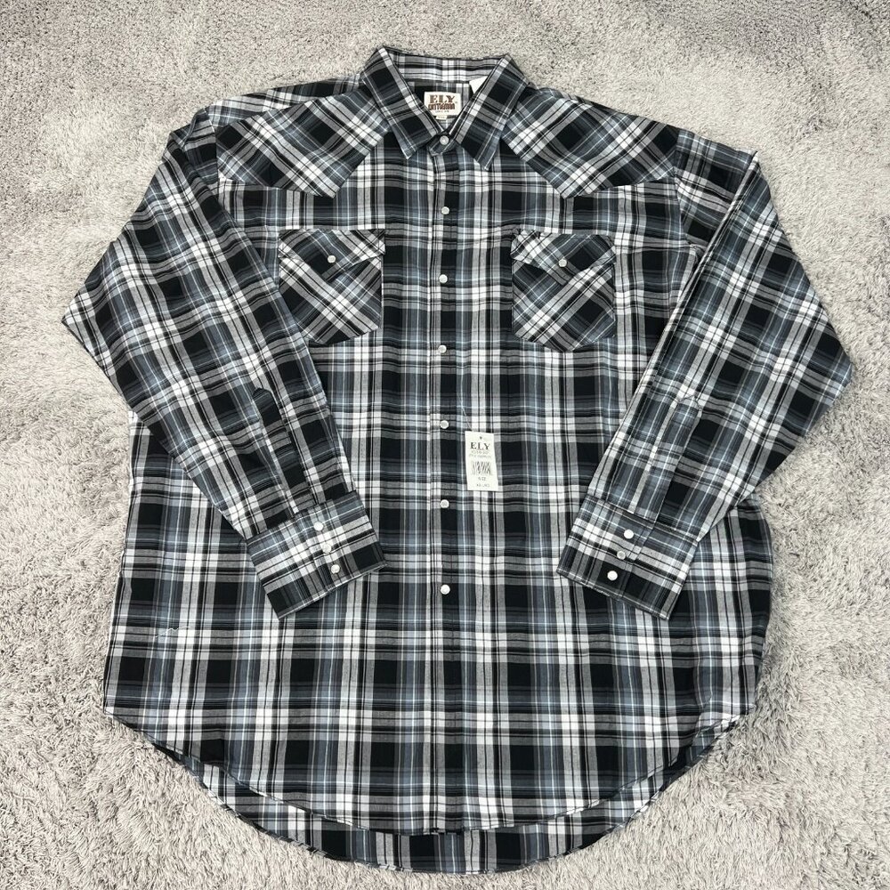 Ely Cattleman Shirt Mens 2XL Black Gray Plaid Pearl Snap Long Sleeve Western NWT